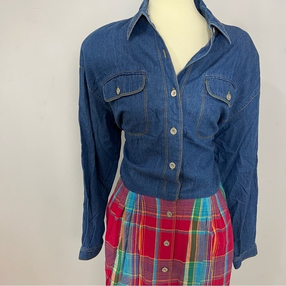 Vintage Red Plaid Denim Long Sleeve Maxi Dress Country Southern Preppy Modest - Picture 10 of 14